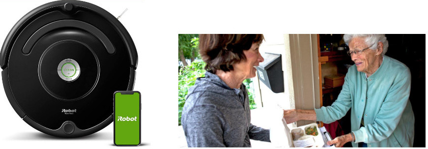 images of automated vacuum cleaner, and someone delivering a meal tray