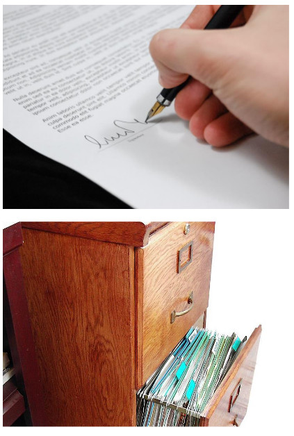 images of signing paperwork, and a file drawer of organized documents